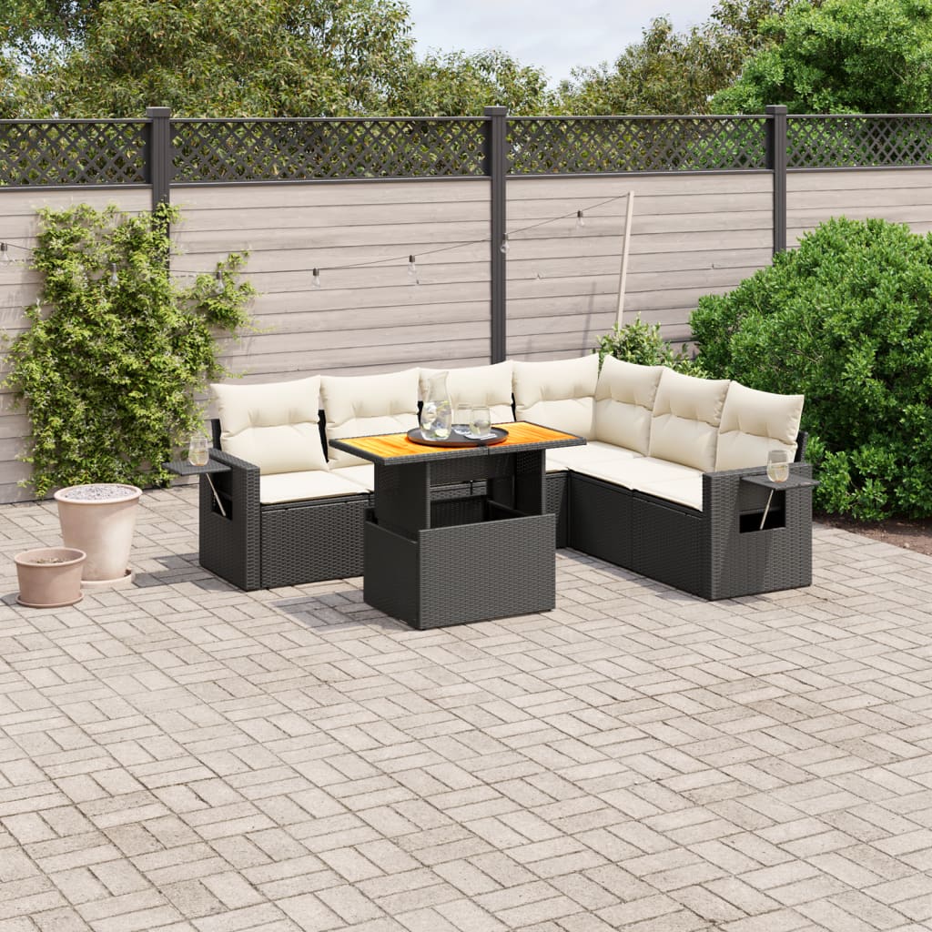 7-tlg. Garten-Sofagarnitur mit Kissen Schwarz Poly Rattan